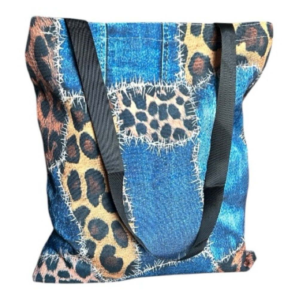 Leopard & Denim Print Tote Bag Blue Brown & Black Durable Canvas Nylon Straps